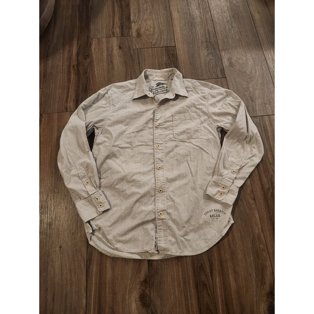 Tommy Bahama Gray and White‎ Striped Button Front Shirt